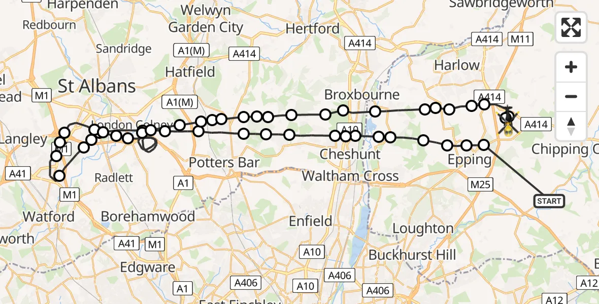 Flight route Police Helicopter Stanford Rivers - North Weald Airfield, 18 May 2026, 22:17