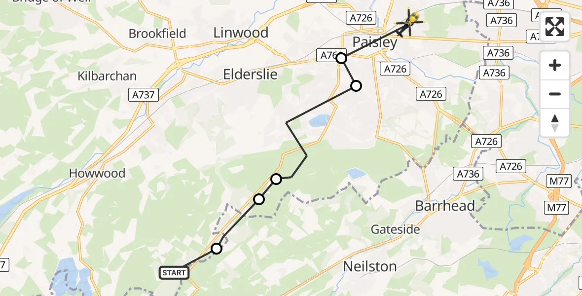 Flight route Police Helicopter Uplawmoor - Paisley, 18 May 2026, 22:42