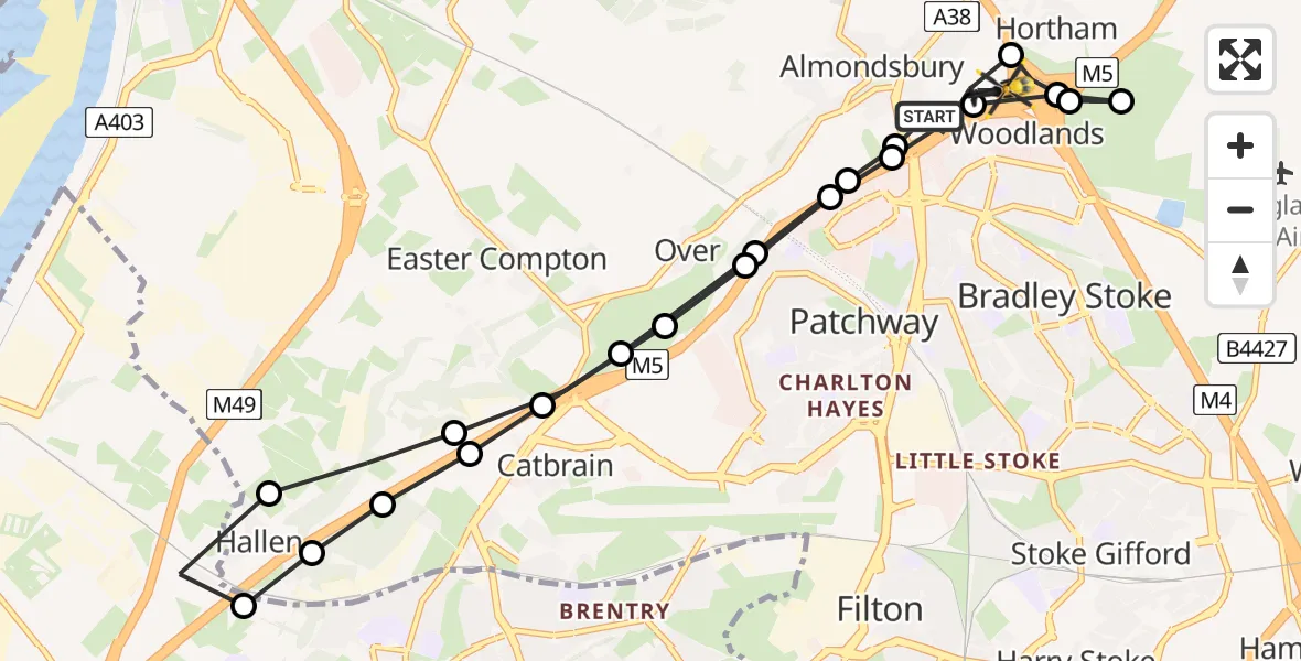 Flight route Police Helicopter Almondsbury Helicopter Base - Almondsbury Helicopter Base, 18 May 2026, 22:47