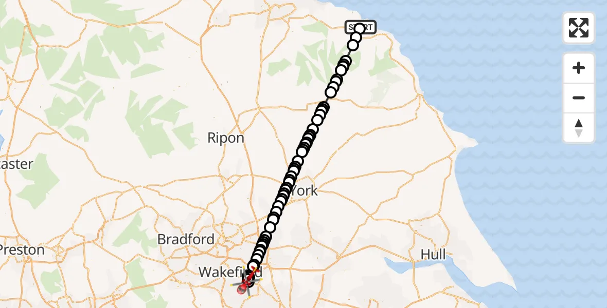 Flight route Air Ambulance Helicopter Mickleby - YAA Nostell Helicopter Port, 18 May 2026, 22:57