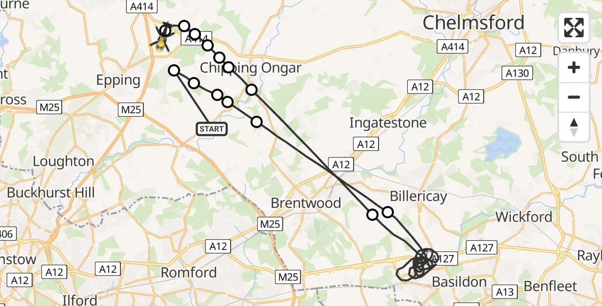 Flight route Police Helicopter Stanford Rivers - North Weald Airfield, 19 May 2026, 00:10