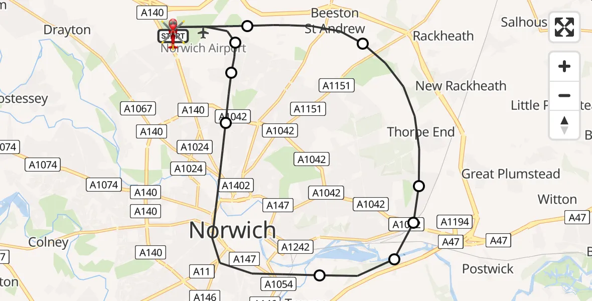 Flight route Air Ambulance Helicopter Norwich Airport - Norwich Airport, 19 May 2026, 00:22