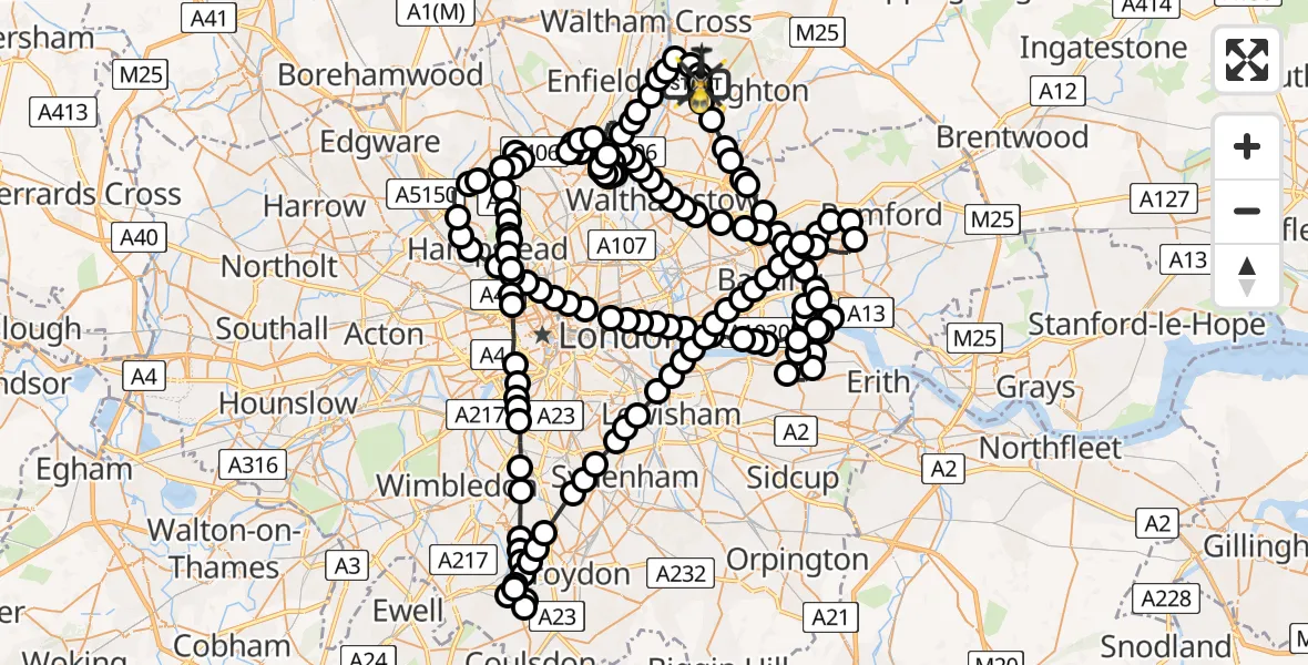 Flight route Police Helicopter Metropolitan Police Air Support Unit Lippitts Hill - Metropolitan Police Air Support Unit Lippitts Hill, 19 May 2026, 00:44