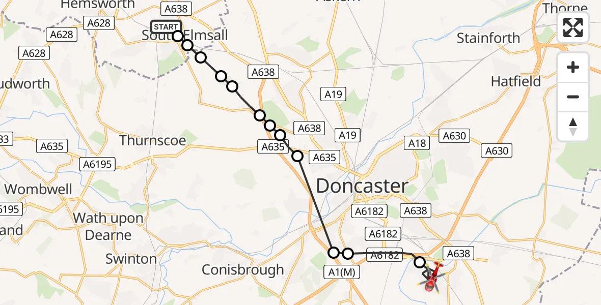 Flight route Air Ambulance Helicopter South Elmsall - New Rossington, 19 May 2026, 08:17