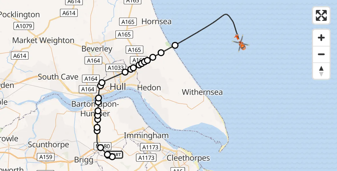 Flight route Coastguard Helicopter Humberside Airport - North Sea, 19 May 2026, 08:31