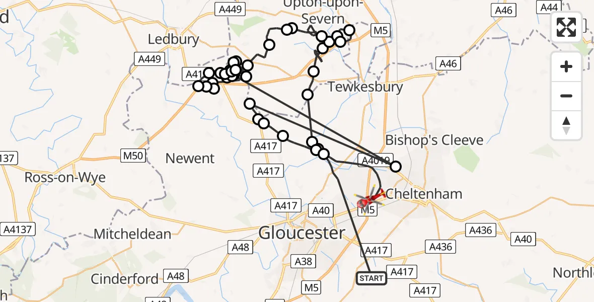Flight route Air Ambulance Helicopter Tewkesbury - Cheltenham, 19 May 2026, 08:48