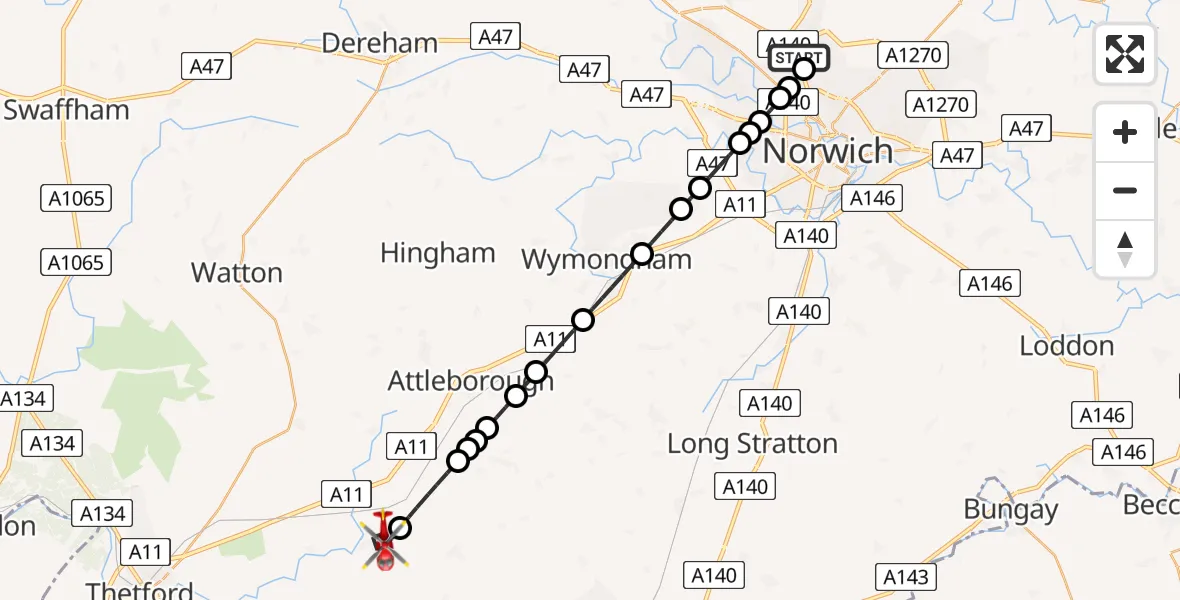 Flight route Air Ambulance Helicopter Norwich Airport - East Harling, 19 May 2026, 08:59