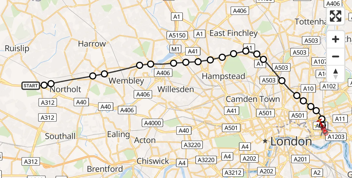 Flight route Air Ambulance Helicopter RAF Northolt - Royal London Hospital, 19 May 2026, 09:01