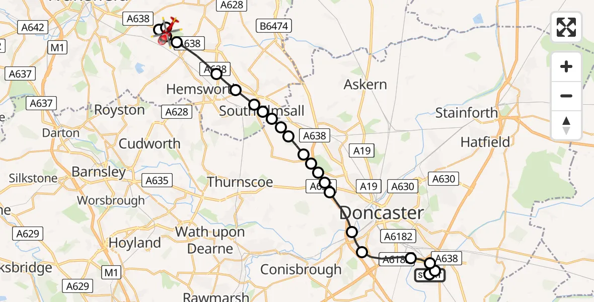 Flight route Air Ambulance Helicopter New Rossington - YAA Nostell Helicopter Port, 19 May 2026, 09:02