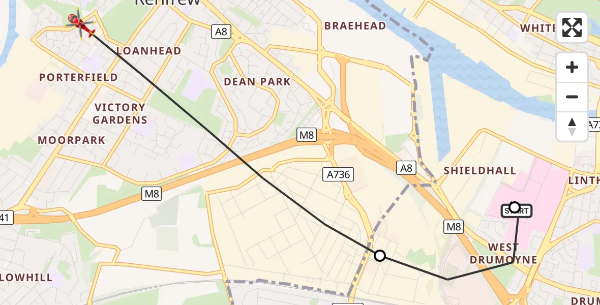 Flight route Air Ambulance Helicopter Queen Elizabeth Hospital - Renfrew, 19 May 2026, 09:11