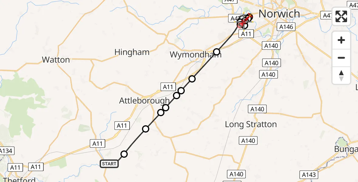 Flight route Air Ambulance Helicopter East Harling - Norfolk & Norwich Hospital, 19 May 2026, 10:00