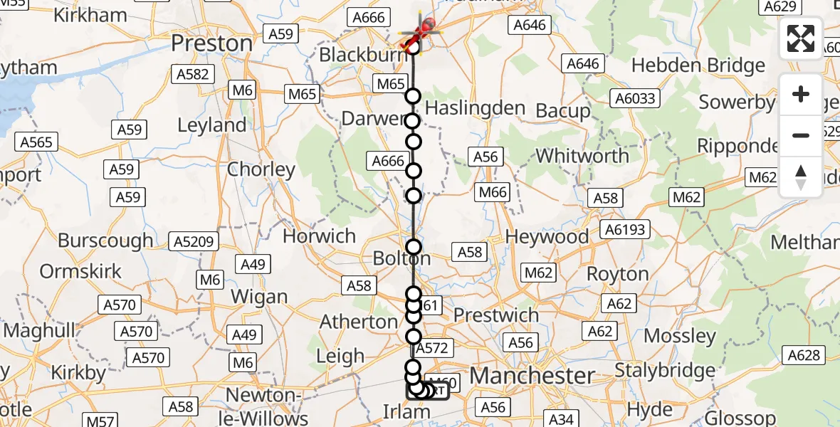 Flight route Air Ambulance Helicopter Manchester Barton Aerodrome - Rishton, 19 May 2026, 10:39