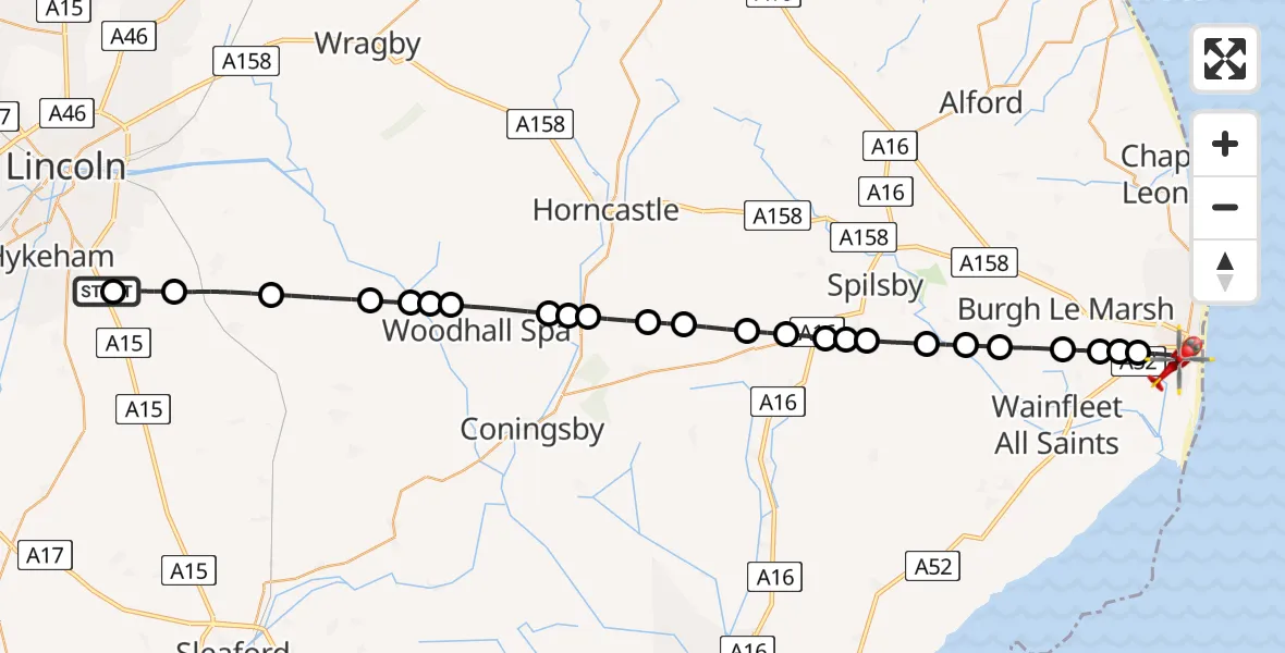 Flight route Air Ambulance Helicopter RAF Waddington - Skegness, 19 May 2026, 10:41