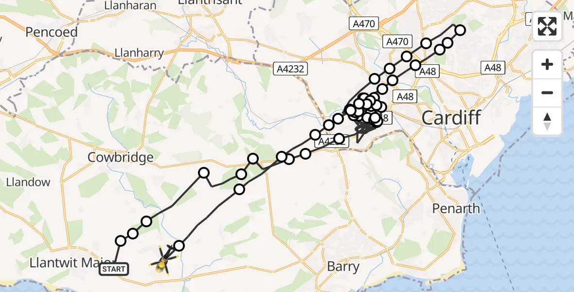Flight route Police Helicopter MOD St Athan - Flemingston, 19 May 2026, 10:45