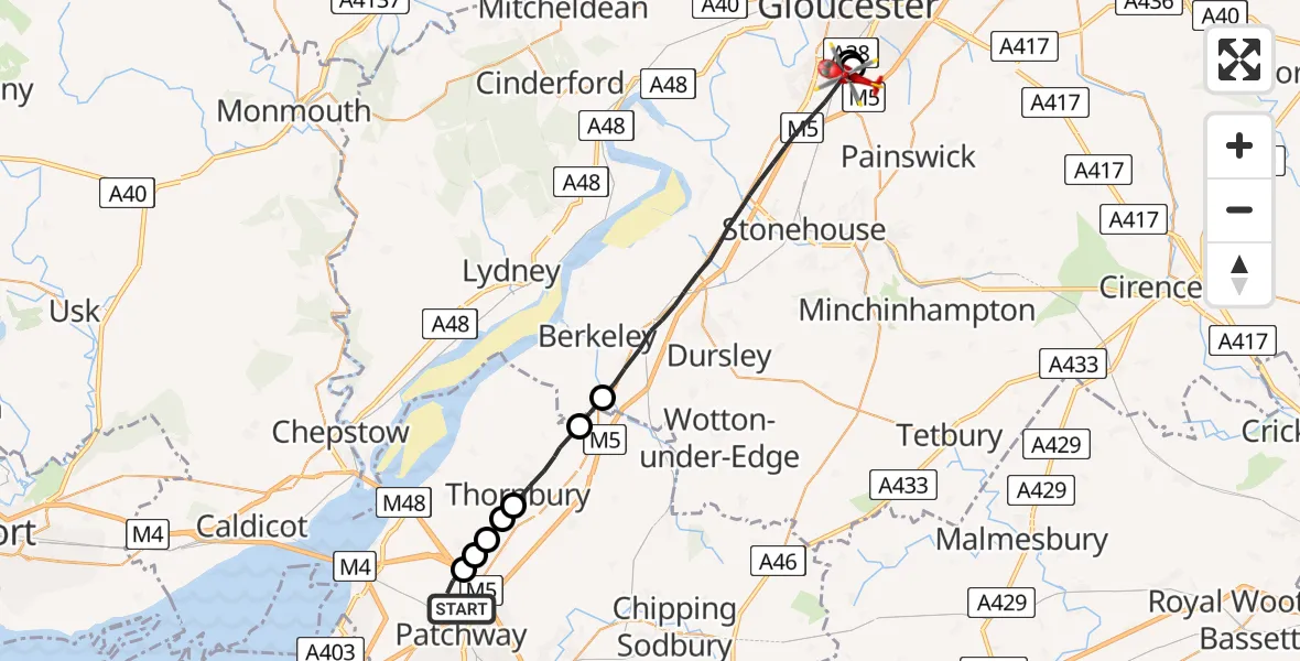 Flight route Air Ambulance Helicopter Almondsbury - Stroud, 19 May 2026, 10:48