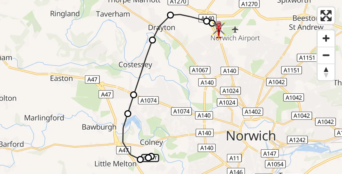 Flight route Air Ambulance Helicopter Norfolk & Norwich Hospital - Norwich Airport, 19 May 2026, 10:52