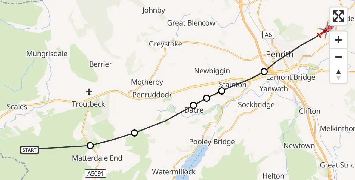Flight route Air Ambulance Helicopter Threlkeld - Penrith, 19 May 2026, 10:53