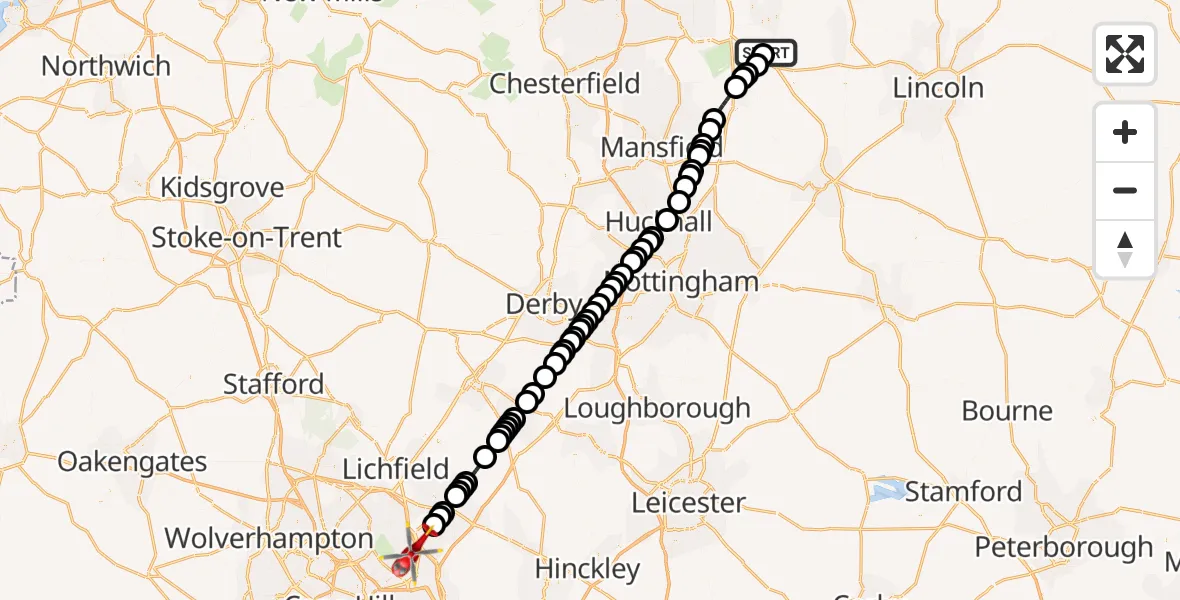 Flight route Air Ambulance Helicopter Retford Gamston Airport - Sutton Coldfield, 19 May 2026, 10:54