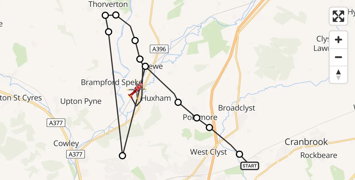 Flight route Air Ambulance Helicopter Clyst Honiton - Stoke Canon, 19 May 2026, 10:56