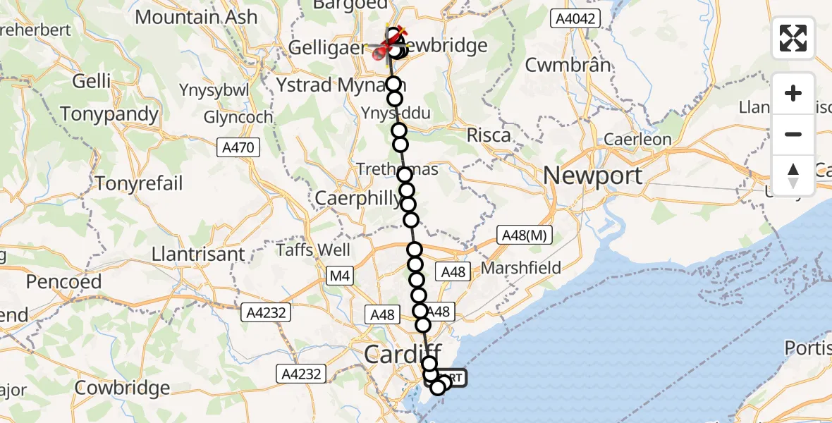 Flight route Air Ambulance Helicopter Cardiff Heliport - Blackwood, 19 May 2026, 11:16