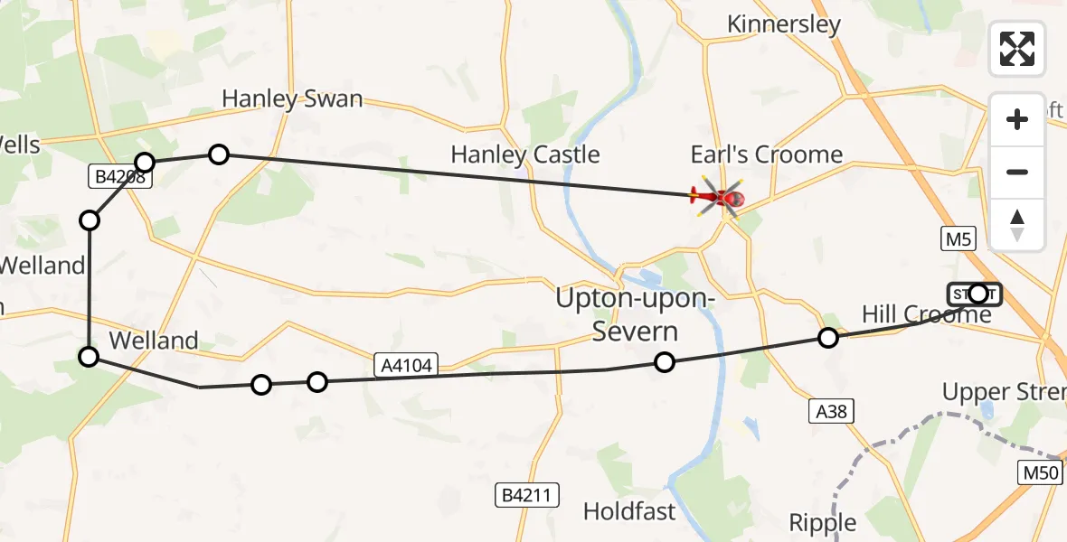 Flight route Air Ambulance Helicopter Hill Croome - Earl's Croome, 19 May 2026, 11:24