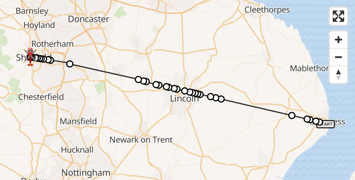 Flight route Air Ambulance Helicopter Skegness - Sheffield Childrens Hospital, 19 May 2026, 11:26