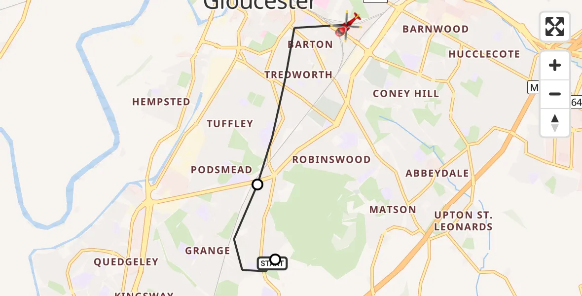 Flight route Air Ambulance Helicopter Gloucester - Gloucester, 19 May 2026, 11:27
