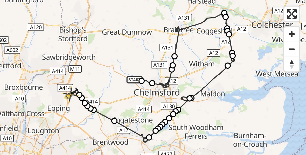 Flight route Police Helicopter Roxwell - North Weald Bassett, 19 May 2026, 11:52