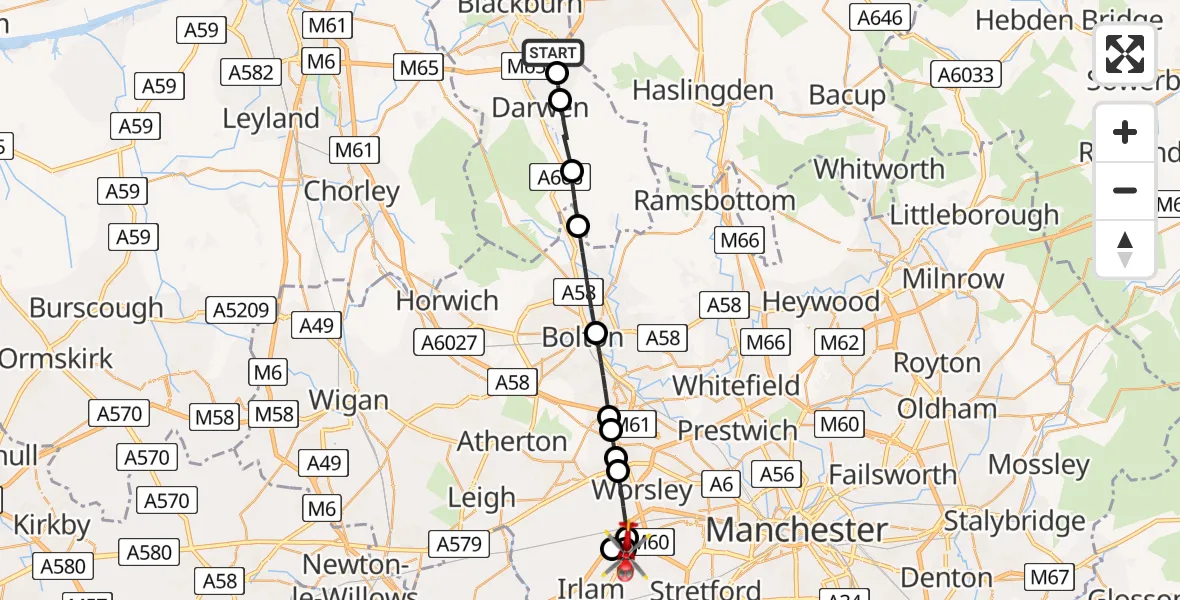 Flight route Air Ambulance Helicopter Guide - Manchester Barton Aerodrome, 19 May 2026, 11:52