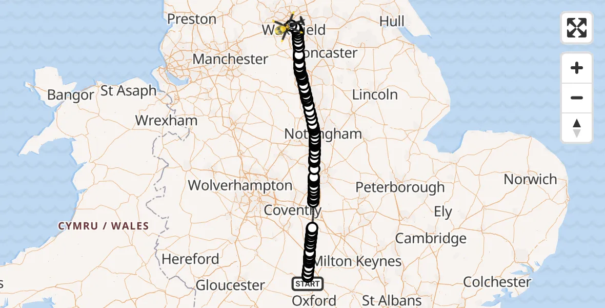 Flight route Police Helicopter West Oxfordshire - East Ardsley, 19 May 2026, 11:52