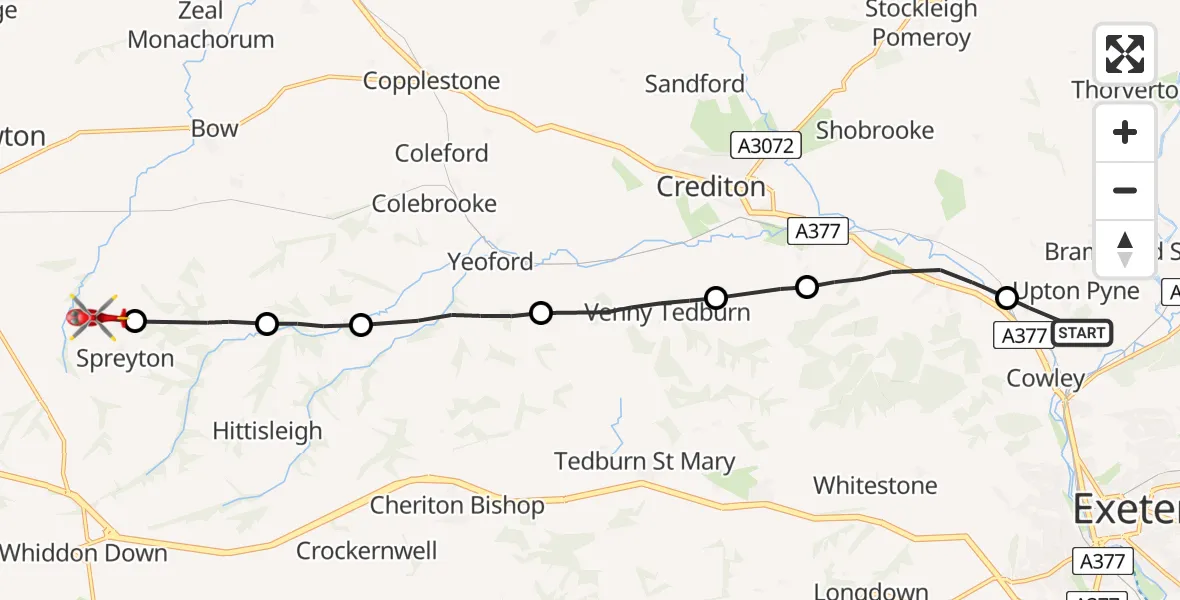 Flight route Air Ambulance Helicopter Upton Pyne - Spreyton, 19 May 2026, 11:53