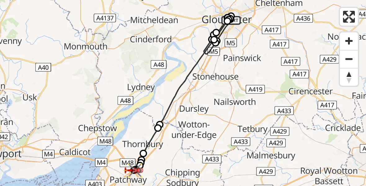 Flight route Air Ambulance Helicopter Gloucester Royal Hospital - Almondsbury Helicopter Base, 19 May 2026, 11:54