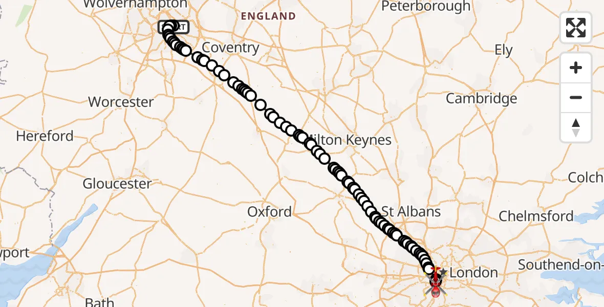 Flight route Air Ambulance Helicopter Nechells - London Heliport, 19 May 2026, 11:54