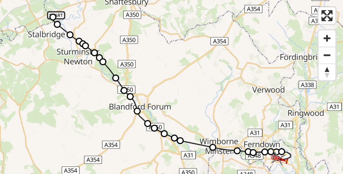 Flight route Air Ambulance Helicopter Henstridge Airfield - Bournemouth Airport, 19 May 2026, 11:58