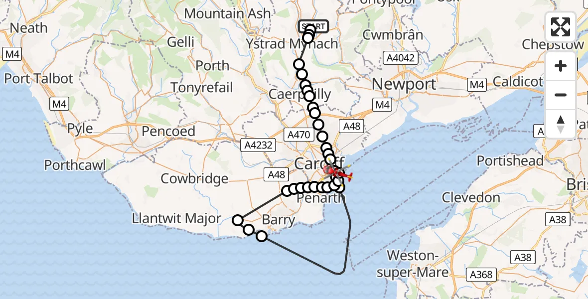 Flight route Air Ambulance Helicopter Blackwood - Cardiff Heliport, 19 May 2026, 12:19