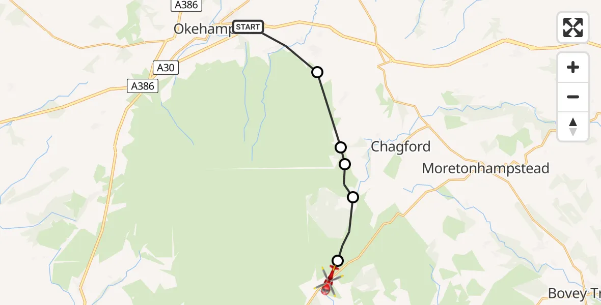 Flight route Air Ambulance Helicopter Belstone - Postbridge, 19 May 2026, 12:21