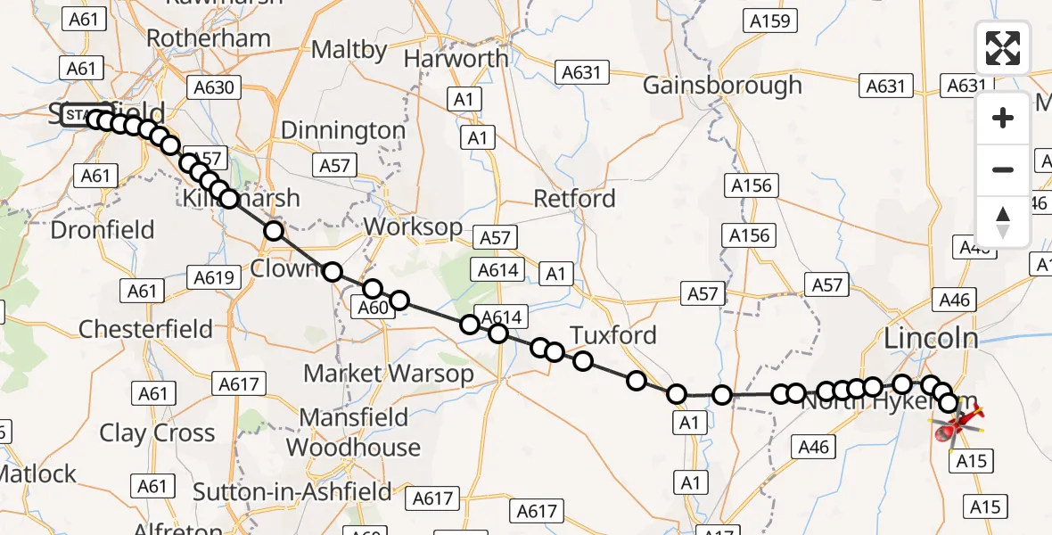 Flight route Air Ambulance Helicopter Sheffield Childrens Hospital - North Kesteven, 19 May 2026, 12:41