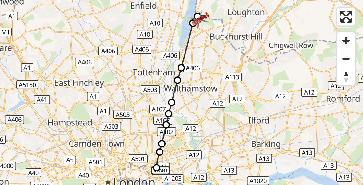Flight route Air Ambulance Helicopter Royal London Hospital - Chingford, 19 May 2026, 12:40