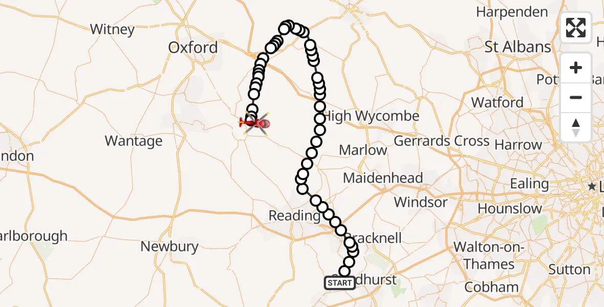 Flight route Air Ambulance Helicopter Yateley - RAF Benson, 19 May 2026, 12:55