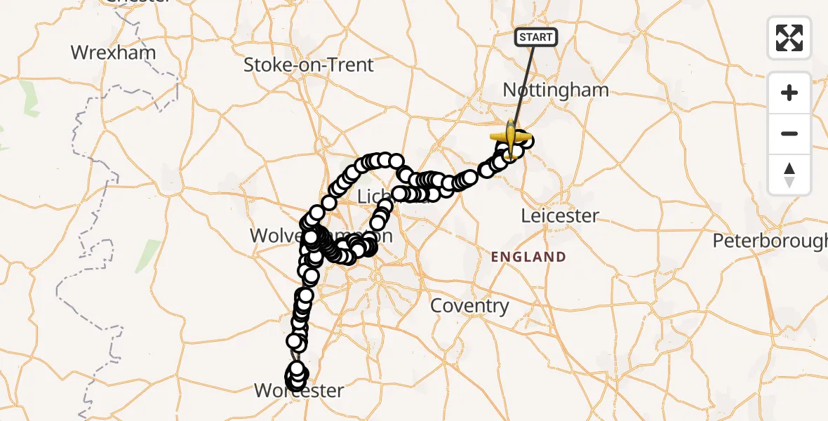 Flight route Police Aircraft Kirkby-in-Ashfield - East Midlands Airport, 19 May 2026, 13:00