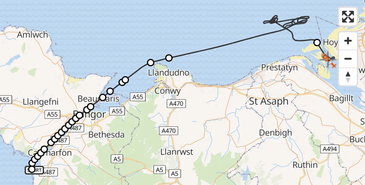 Flight route Coastguard Helicopter Caernarfon Airport - West Kirby, 19 May 2026, 13:02