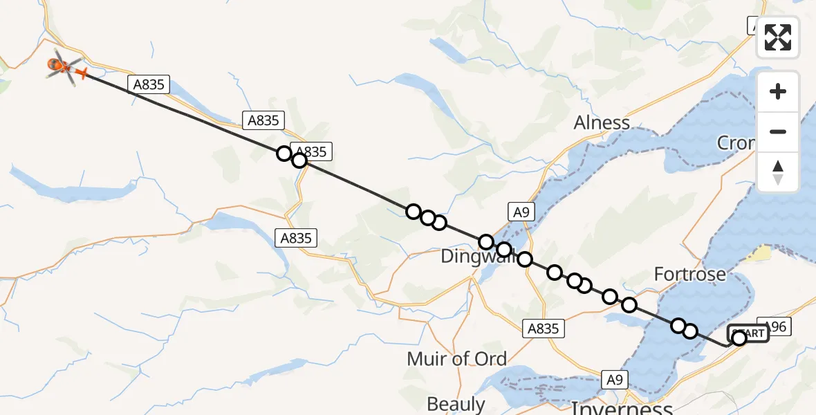 Flight route Coastguard Helicopter Inverness Airport - Highland, 19 May 2026, 13:06