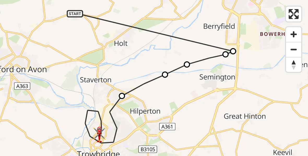 Flight route Air Ambulance Helicopter Lower Wraxall - Trowbridge, 19 May 2026, 13:10