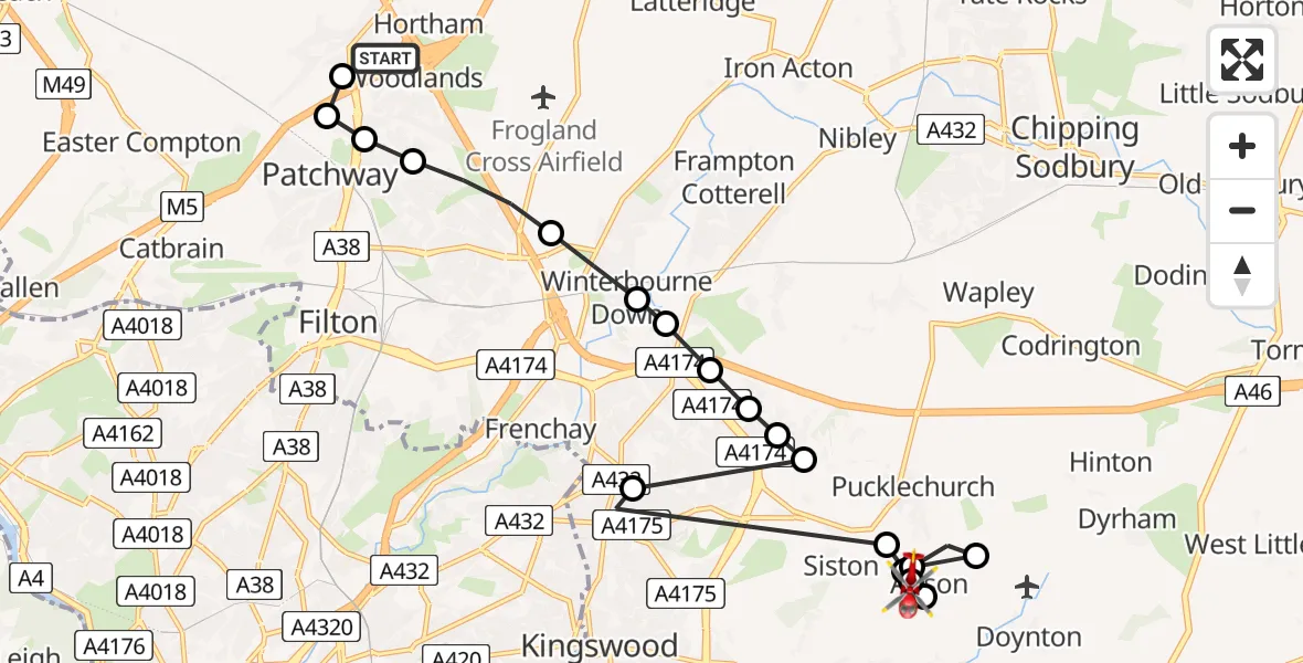 Flight route Air Ambulance Helicopter Almondsbury Helicopter Base - Abson, 19 May 2026, 13:10