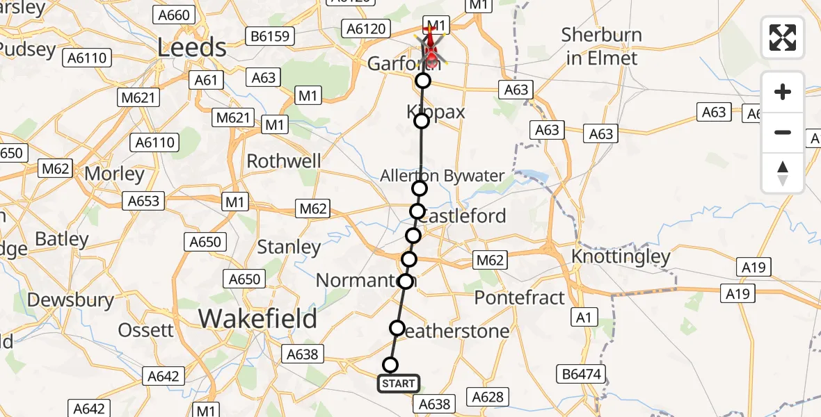 Flight route Air Ambulance Helicopter YAA Nostell Helicopter Port - Garforth, 19 May 2026, 13:11