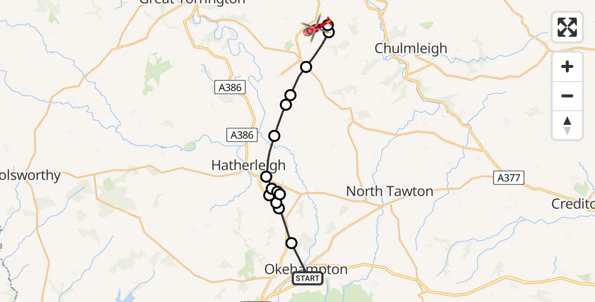 Flight route Air Ambulance Helicopter Okehampton - Eaglescott Airfield, 19 May 2026, 13:13