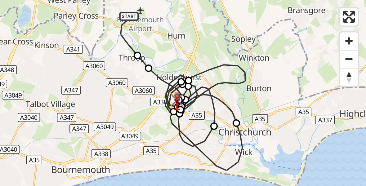 Flight route Air Ambulance Helicopter Bournemouth Airport - Royal Bournemouth Hospital, 19 May 2026, 13:17