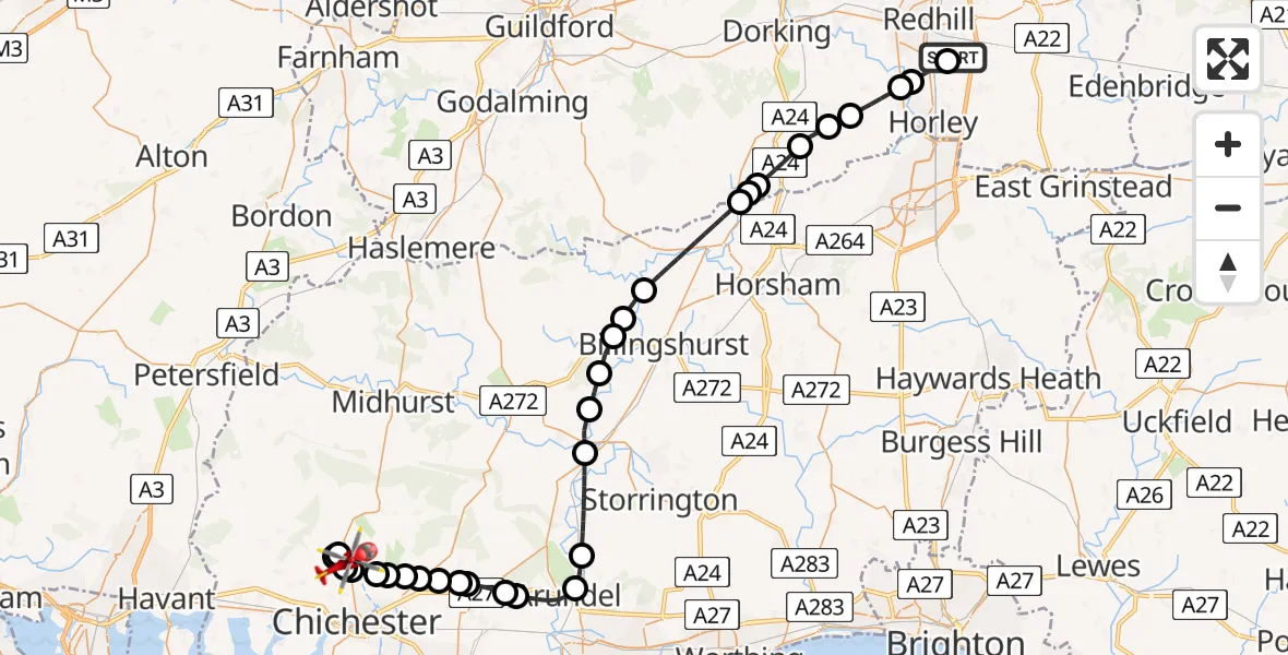 Flight route Air Ambulance Helicopter Redhill Aerodrome - Lavant, 19 May 2026, 13:18
