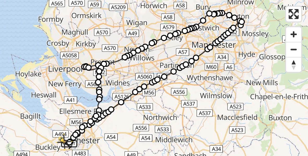 Flight route Police Helicopter Hawarden Airport - Sandycroft, 19 May 2026, 13:20
