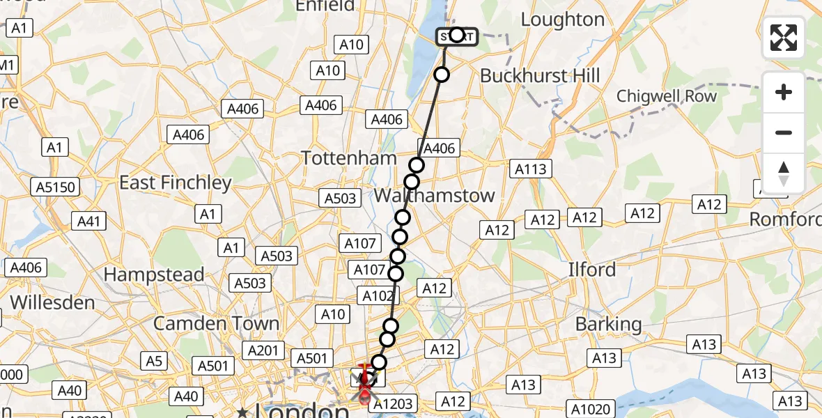 Flight route Air Ambulance Helicopter Chingford - Royal London Hospital, 19 May 2026, 13:22